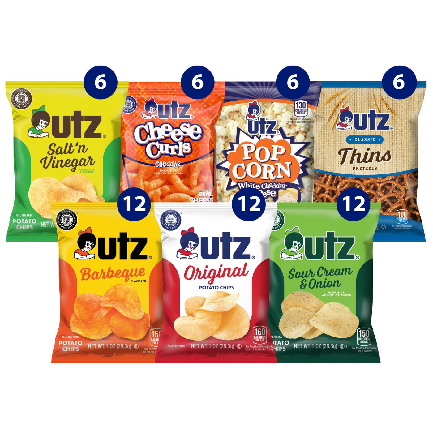 An assortment of Utz potato chips, pretzels, popcorn and cheese curls